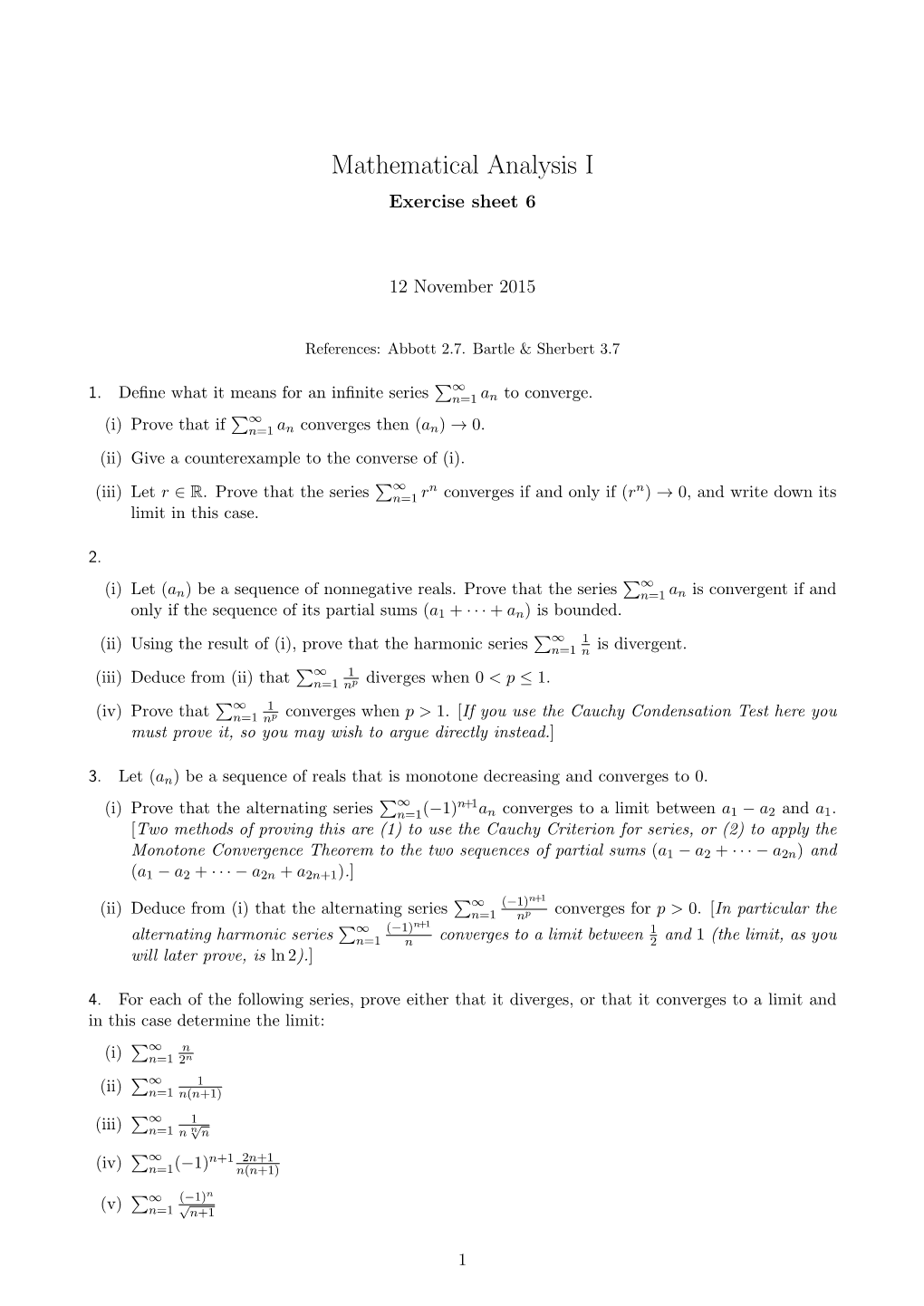 Mathematical Analysis I Exercise Sheet 6