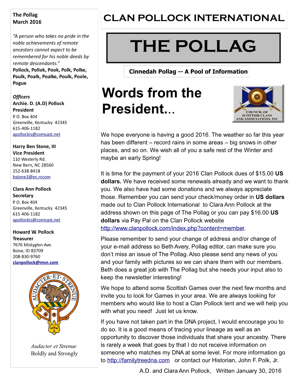 The Pollag March 2016 CLAN POLLOCK INTERNATIONAL