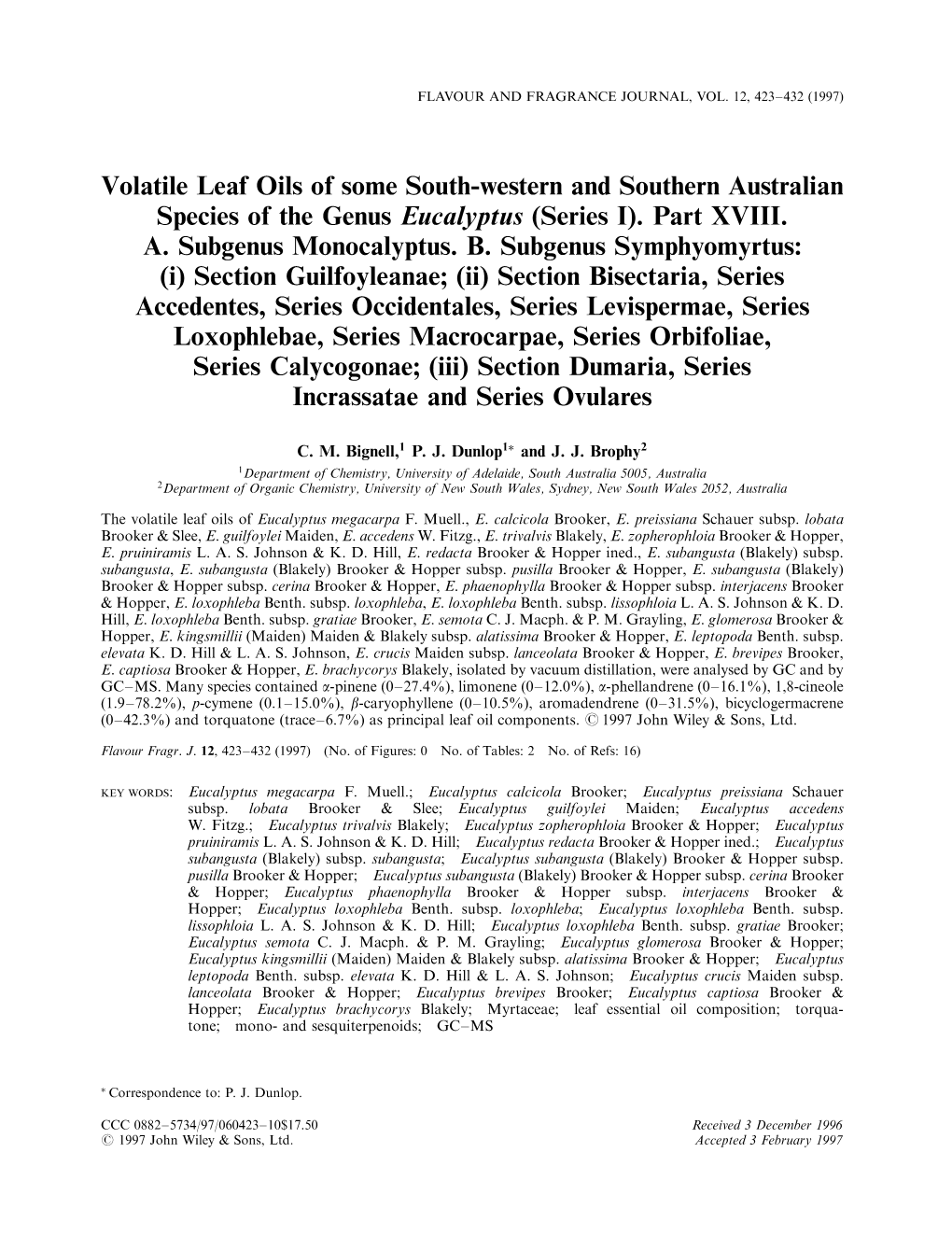 Volatile Leaf Oils of Some South-Western and Southern Australian Species of the Genus Eucalyptus (Series I)