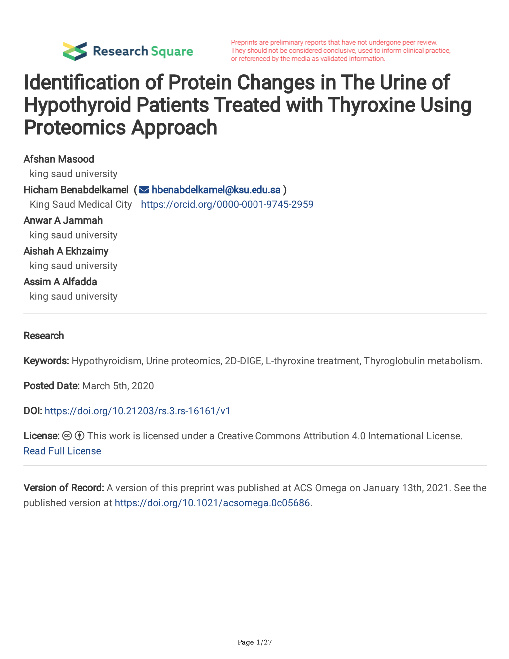 Identi Cation of Protein Changes in the Urine of Hypothyroid Patients