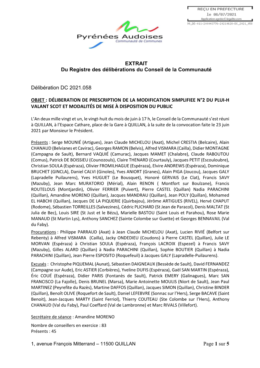 Page 1 Sur 5 EXTRAIT Du Registre Des Délibérations Du Conseil De La