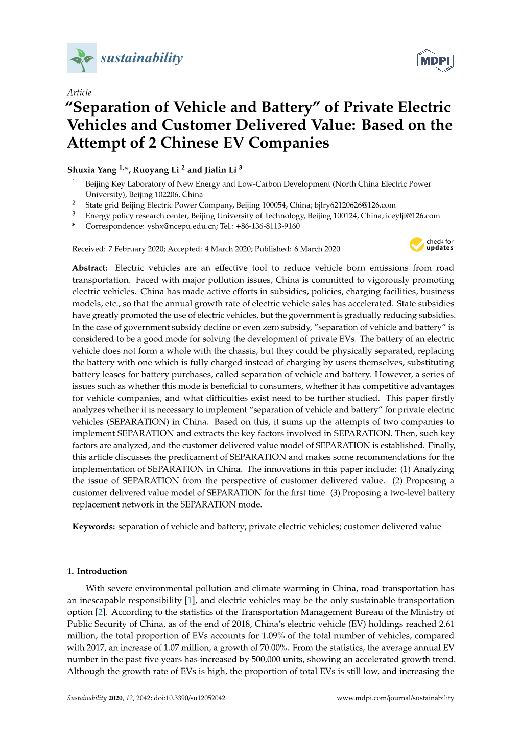 Separation of Vehicle and Battery” of Private Electric Vehicles and Customer Delivered Value: Based on the Attempt of 2 Chinese EV Companies