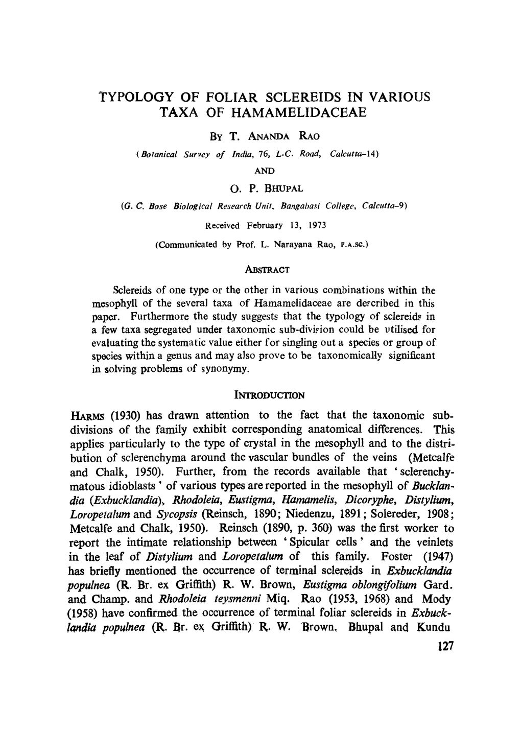 Typology of Foliar Sclereids in Various Taxa of Hamamelidaceae by T