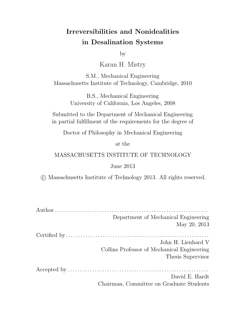 Irreversibilities and Nonidealities in Desalination Systems by Karan H