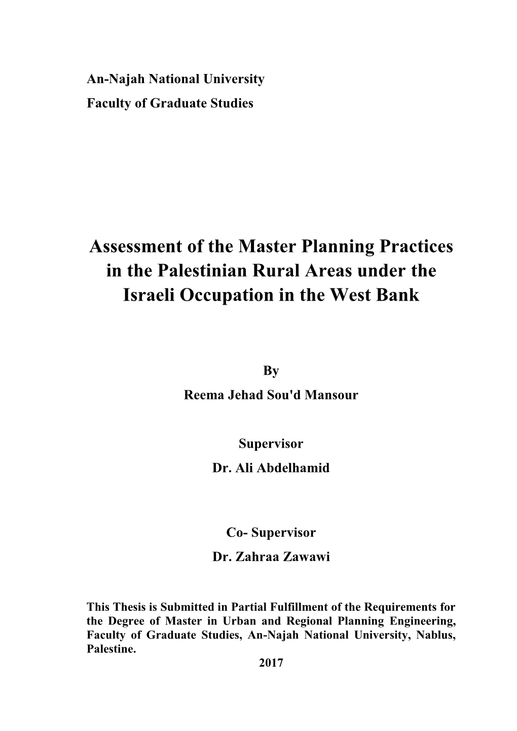 Assessment of the Master Planning Practices in the Palestinian Rural Areas Under the Israeli Occupation in the West Bank