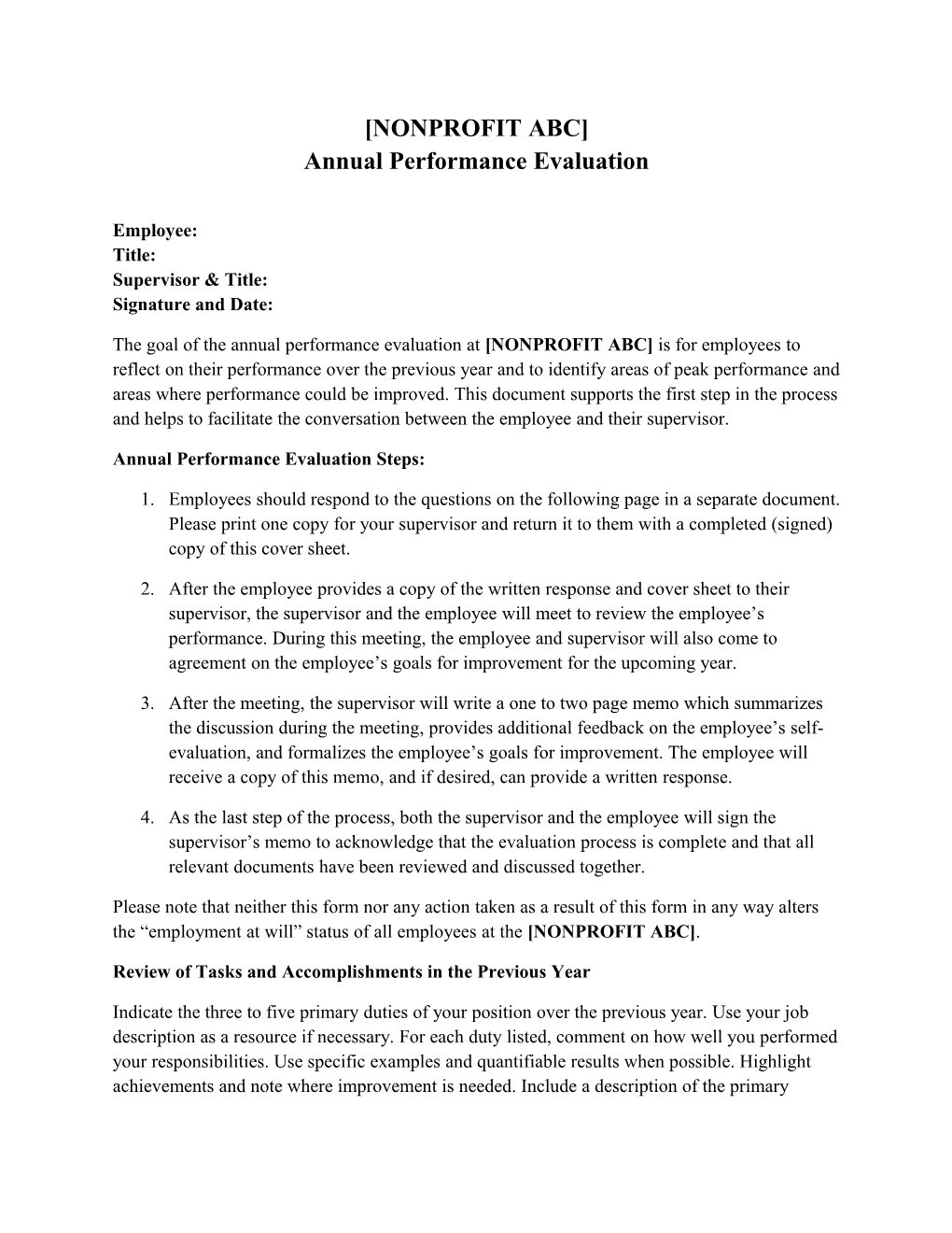 NONPROFIT ABC Annual Performance Evaluation