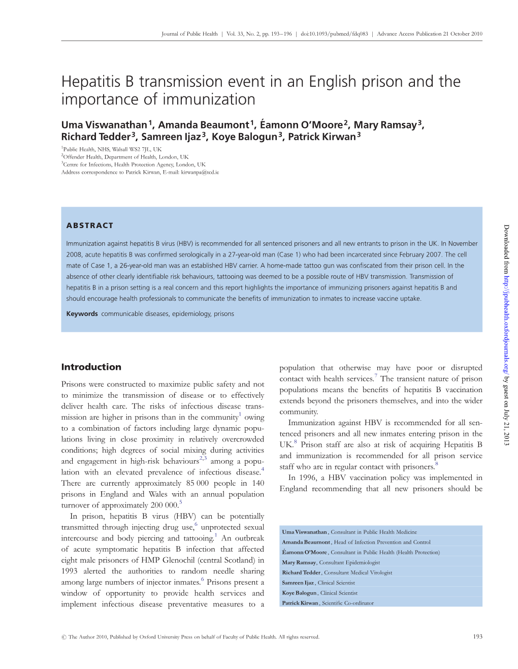 Hepatitis B Transmission Event in an English Prison and the Importance of Immunization