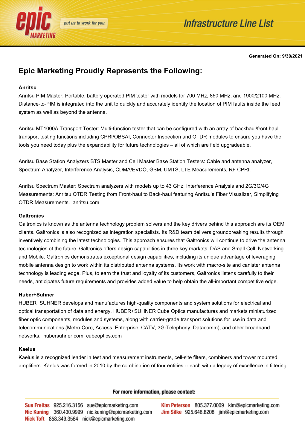 Epic Marketing Proudly Represents the Following