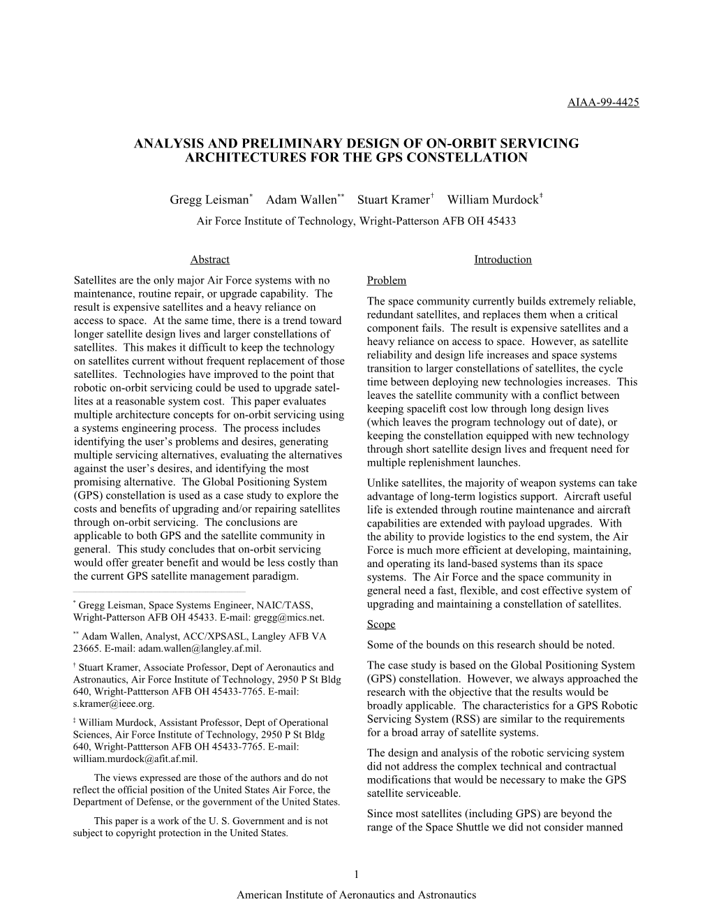 Analysis and Preliminary Design of On-Orbit Servicing Architectures for the Gps Constellation