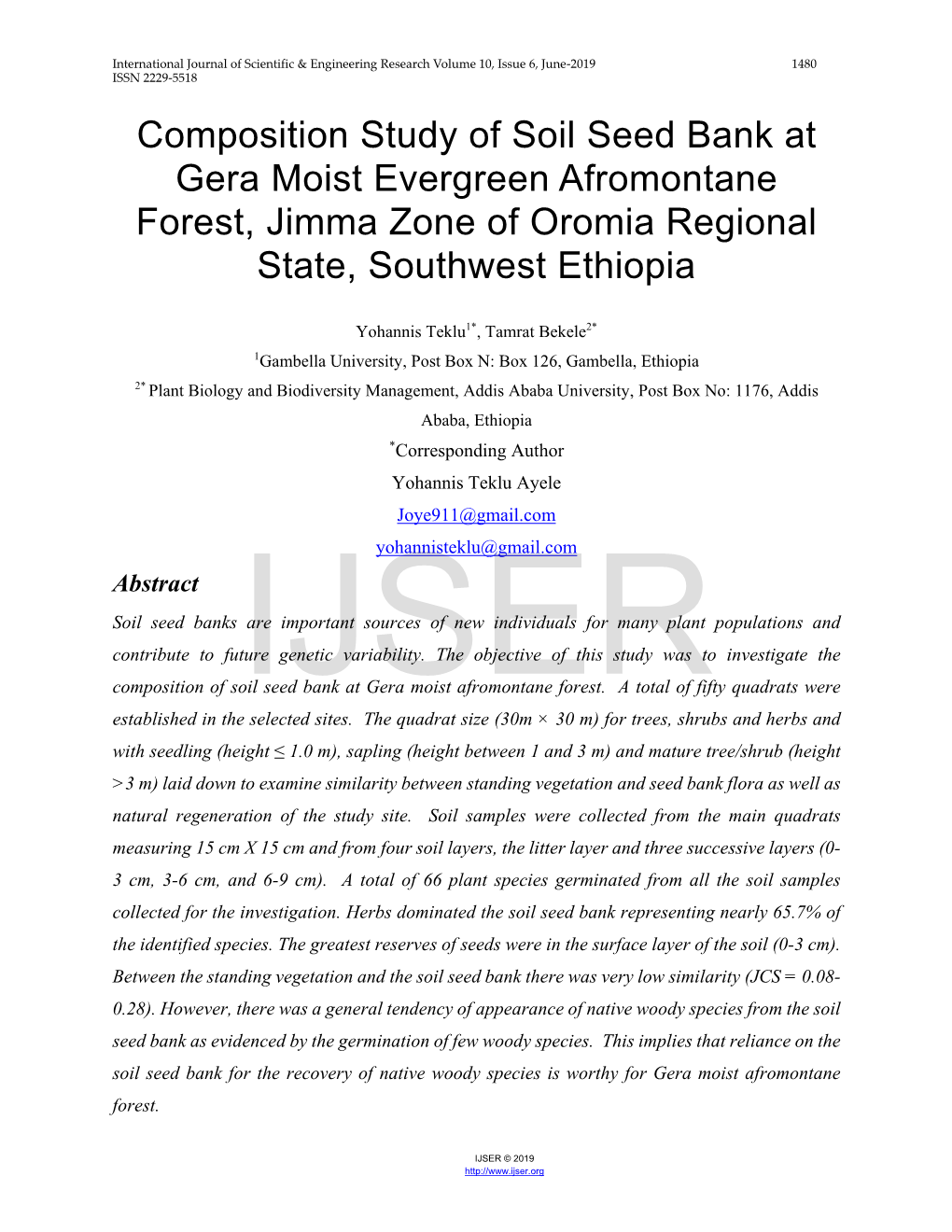 Composition Study of Soil Seed Bank at Gera Moist Evergreen Afromontane Forest, Jimma Zone of Oromia Regional State, Southwest Ethiopia