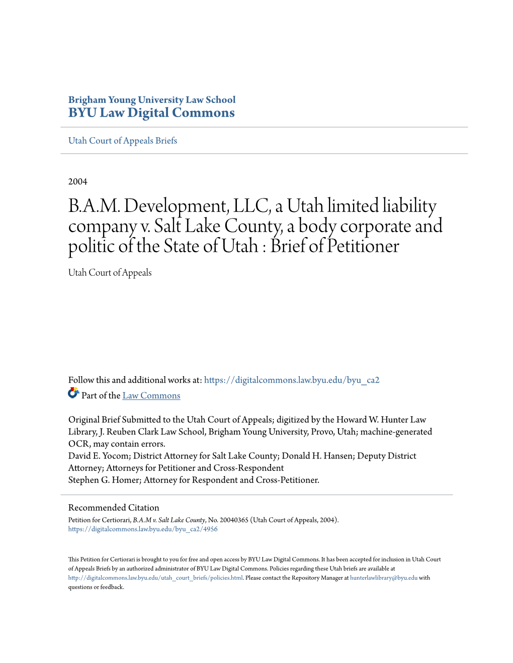 B.A.M. Development, LLC, a Utah Limited Liability Company V. Salt