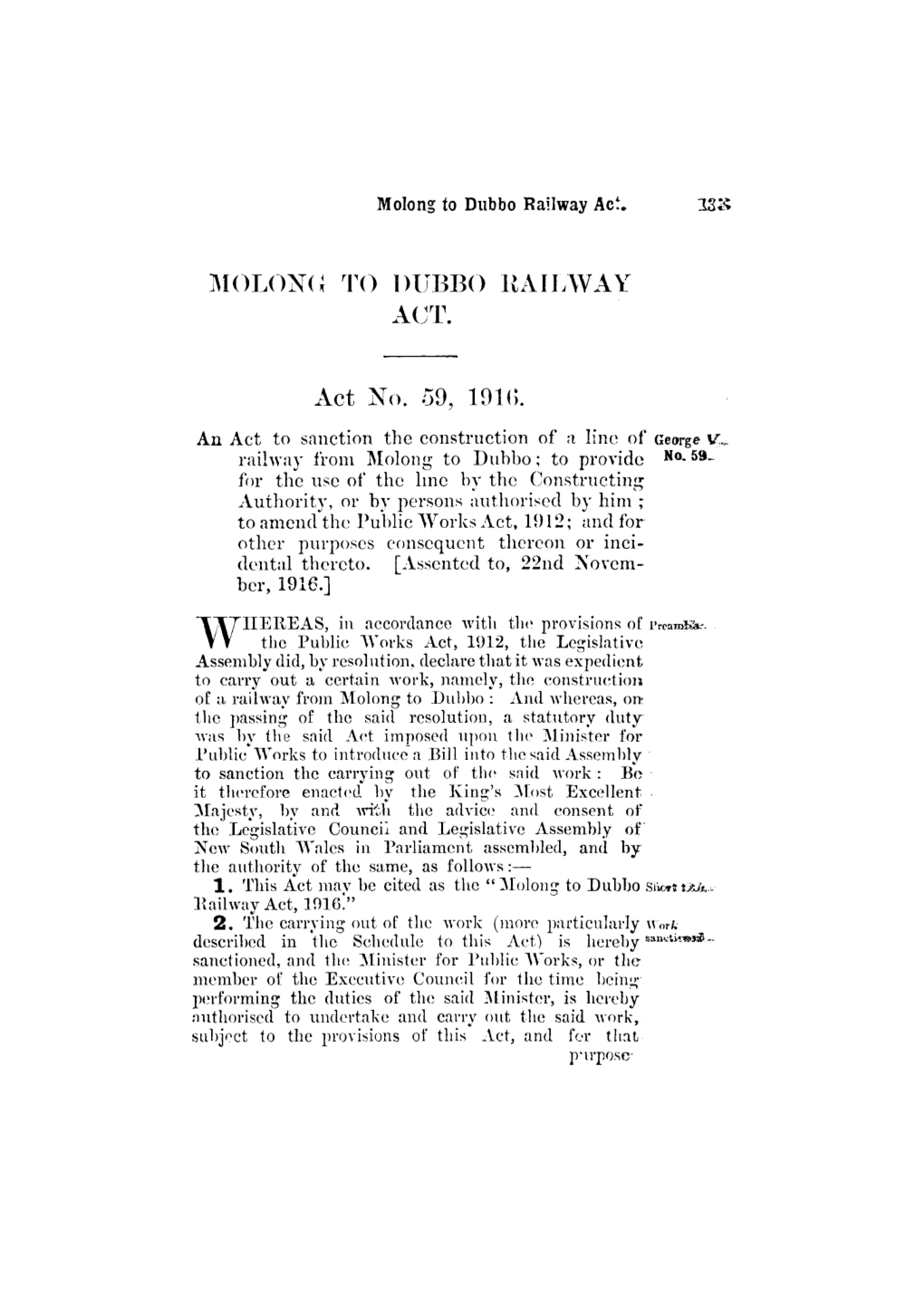 MOLONG to DUBBO RAILWAY ACT. Act No. 59, 1916
