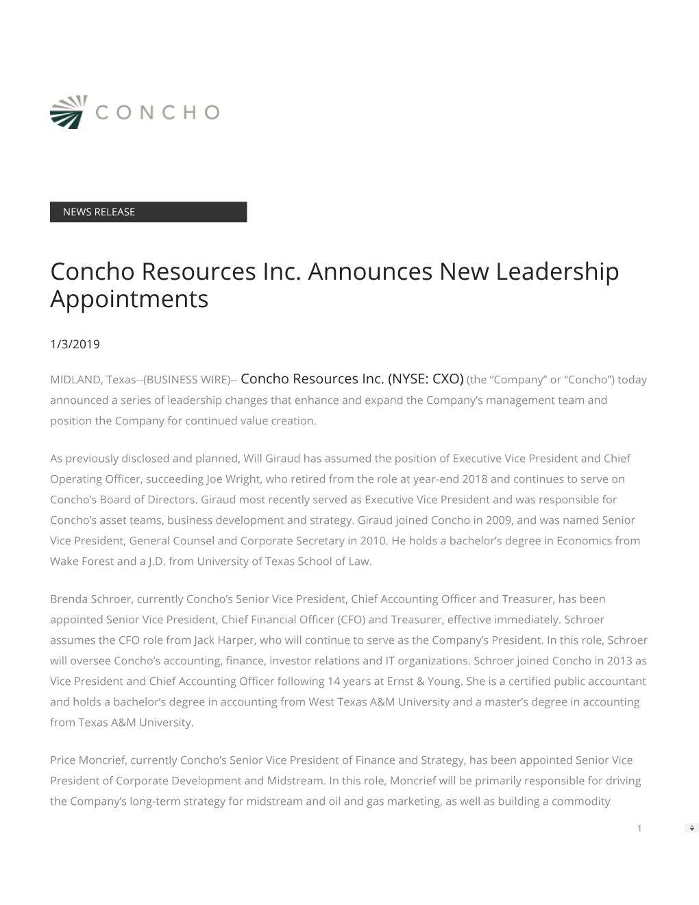 Concho Resources Inc. Announces New Leadership Appointments