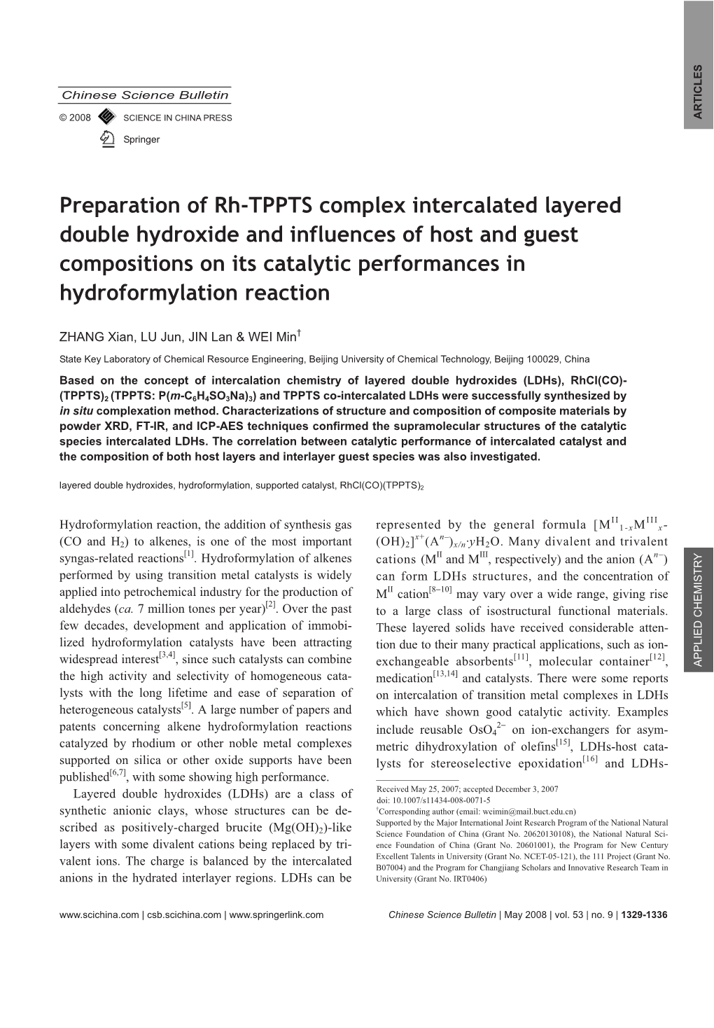 Preparation of Rh-TPPTS Complex Intercalated Layered Double