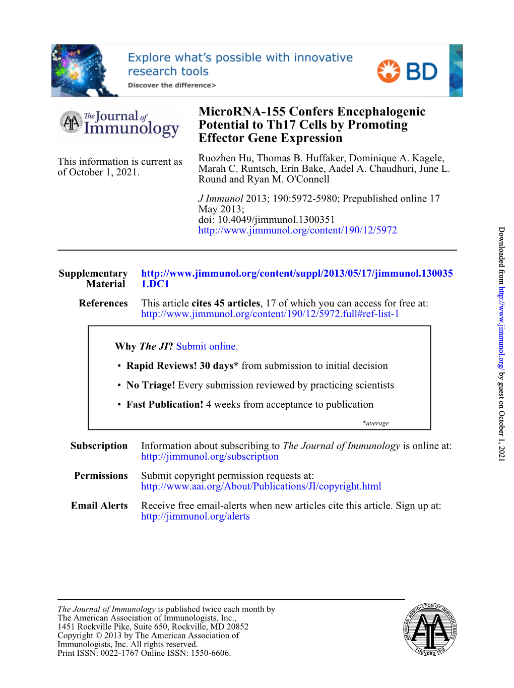 Effector Gene Expression Potential to Th17 Cells by Promoting Microrna