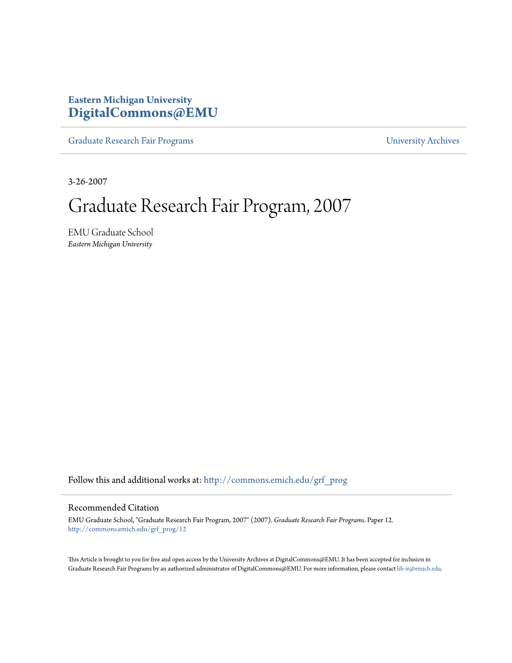 Graduate Research Fair Program, 2007 EMU Graduate School Eastern Michigan University