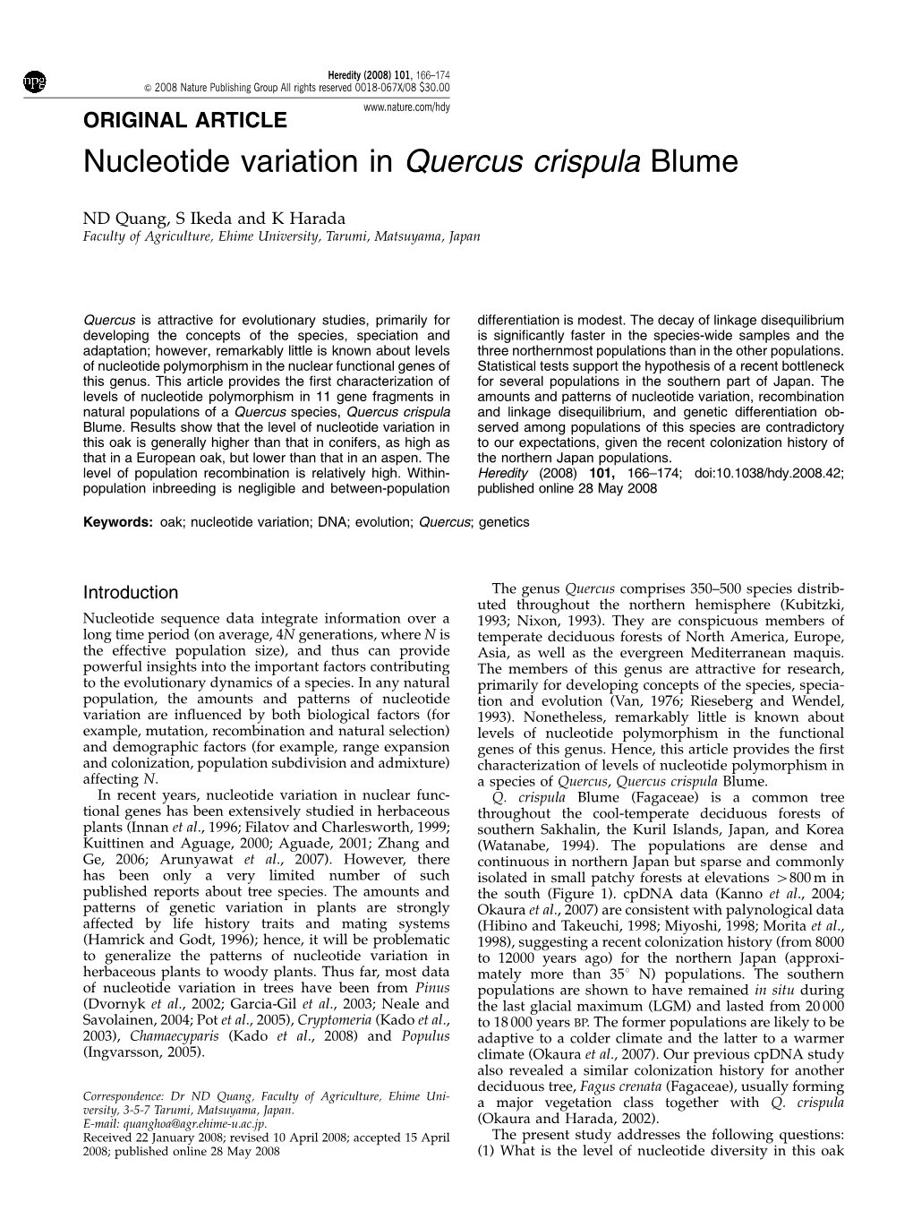 Nucleotide Variation in Quercus Crispula Blume