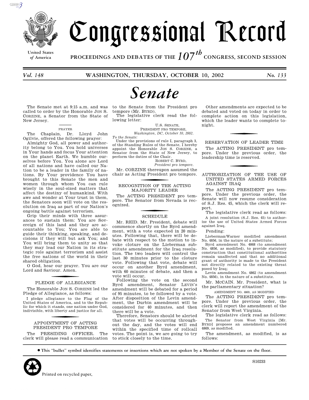 Congressional Record United States Th of America PROCEEDINGS and DEBATES of the 107 CONGRESS, SECOND SESSION