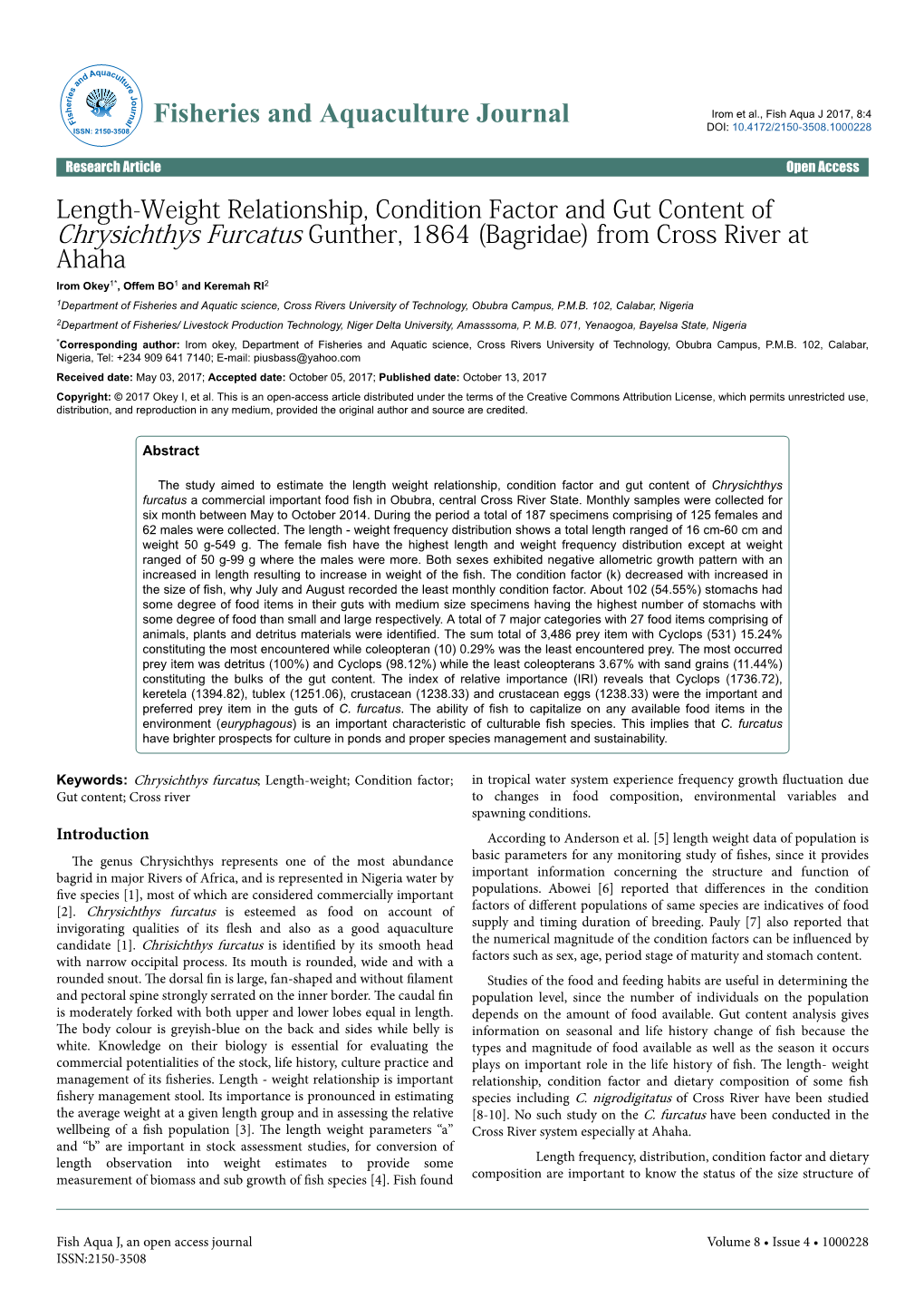 Length-Weight Relationship, Condition Factor and Gut Content of Chrysichthys Furcatus Gunther, 1864 (Bagridae) from Cross River