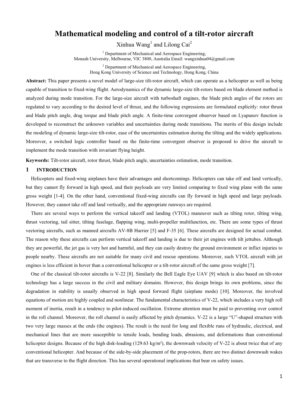 Mathematical Modeling and Control of a Tilt-Rotor Aircraft