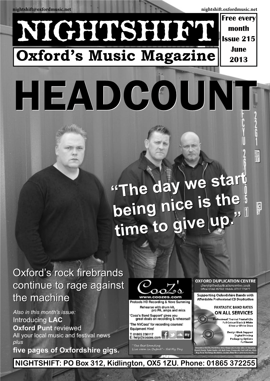 Nightshift@Oxfordmusic.Net Nightshift.Oxfordmusic.Net Free Every Month NIGHTSHIFT Issue 215 June Oxford’S Music Magazine 2013 Headcountheadcount