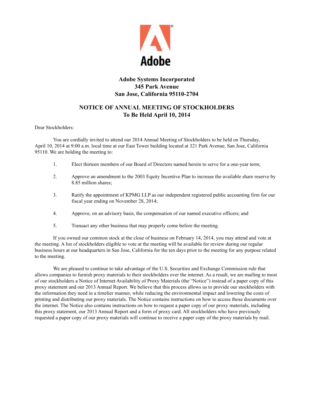 Adobe Systems Incorporated 2014 Proxy Statement