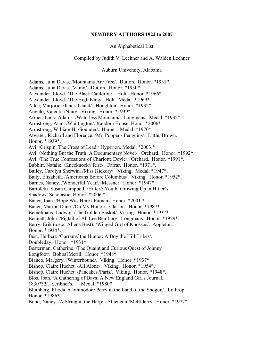 NEWBERY AUTHORS 1922 to 2007 an Alphabetical List Compiled by Judith V. Lechner and A. Walden Lechner Auburn University, Alabama