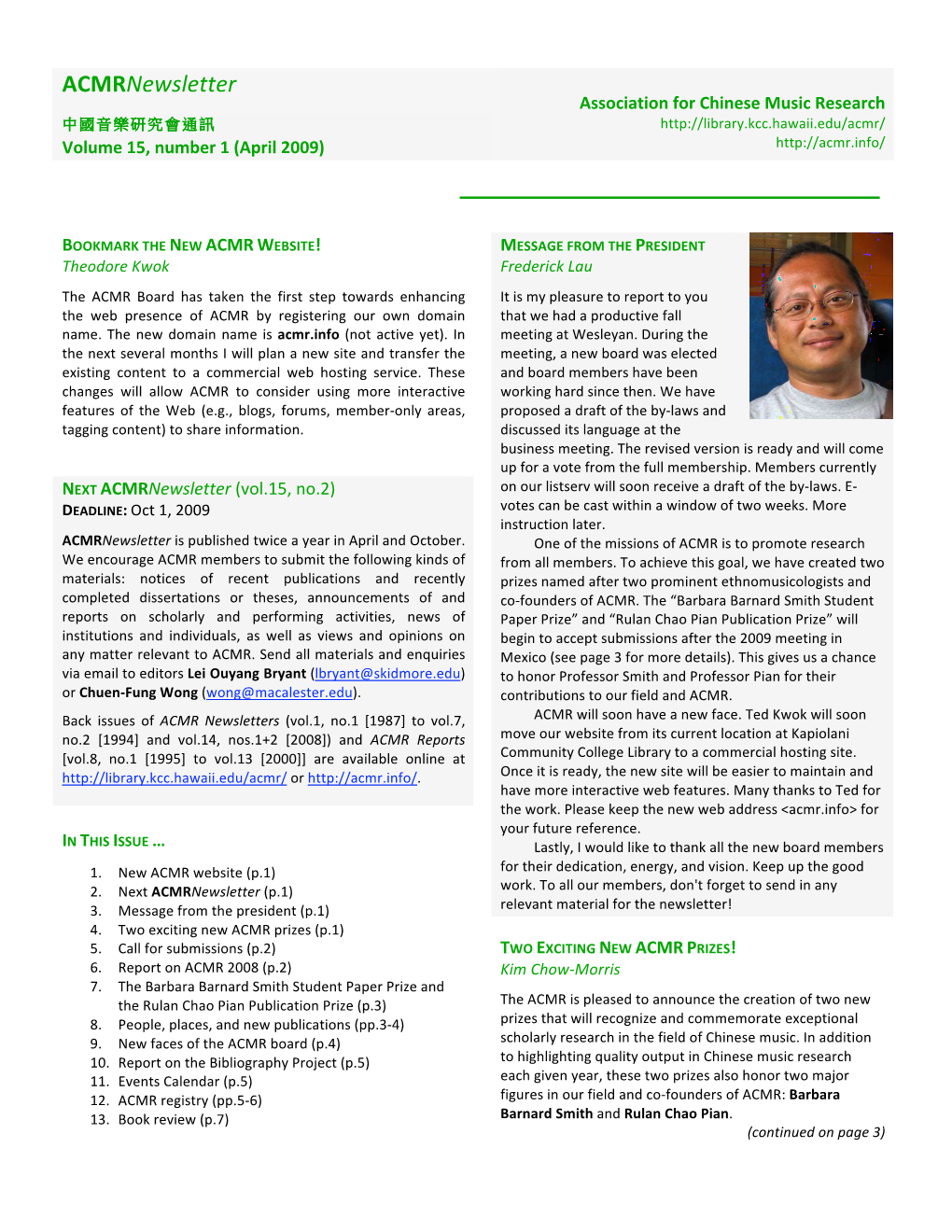 ACMR Newsletter, V15, N1, 2009