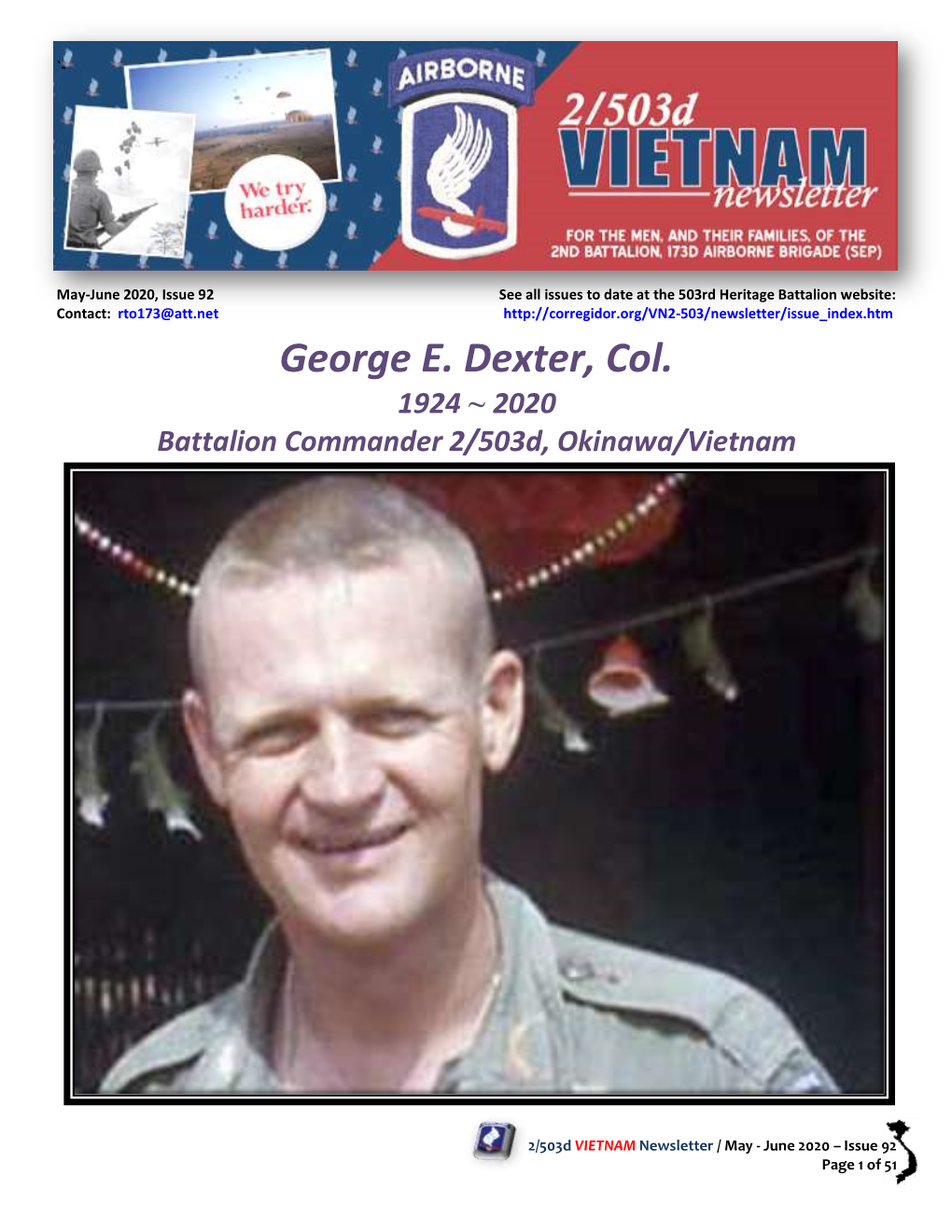 George E. Dexter, Col. 1924 ~ 2020 Battalion Commander 2/503D, Okinawa/Vietnam