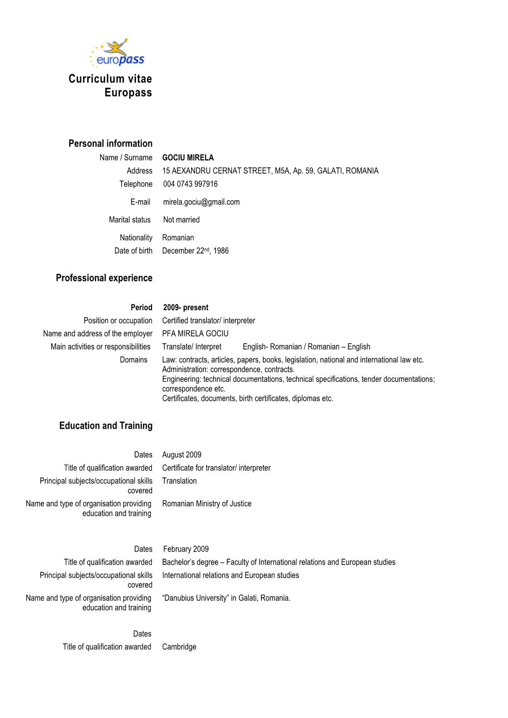 Curriculum Vitae Europass