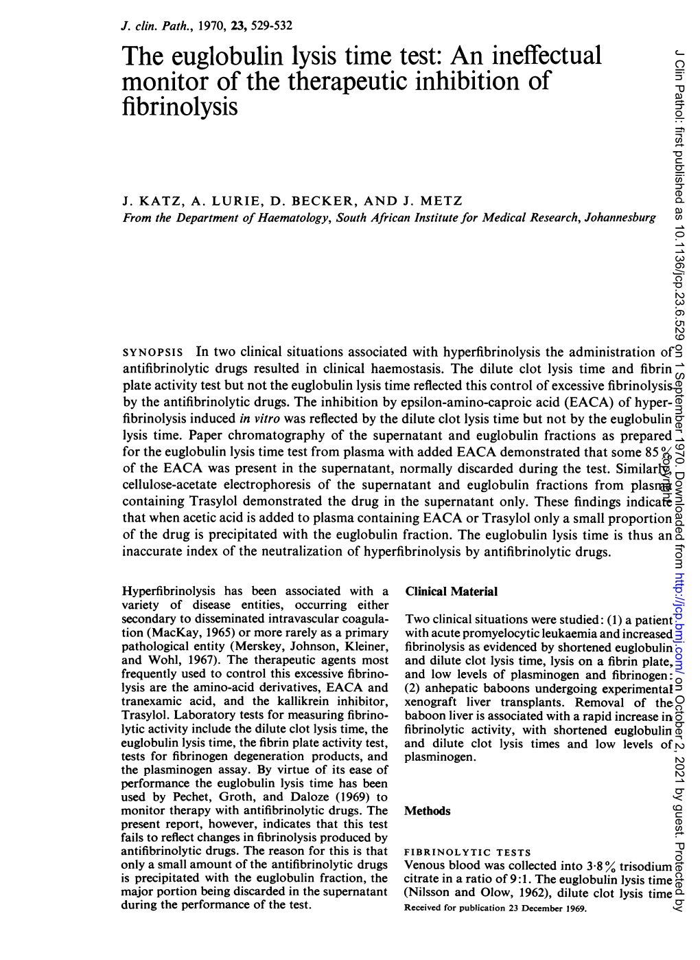 The Euglobulin Lysis Time Test: an Ineffectual J Clin Pathol: First Published As 10.1136/Jcp.23.6.529 on 1 September 1970