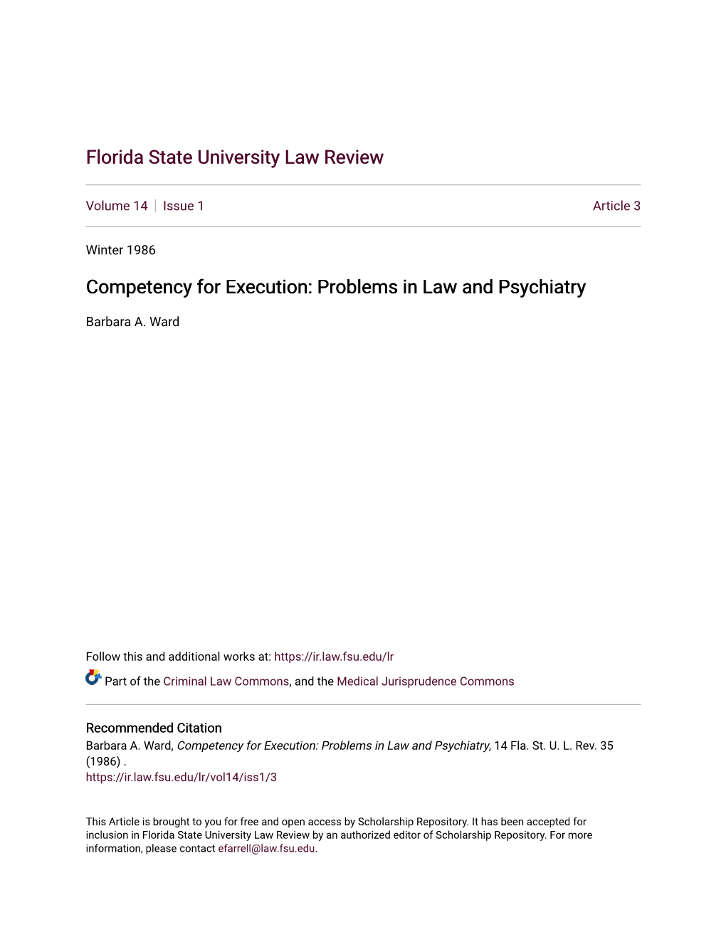 Competency for Execution: Problems in Law and Psychiatry