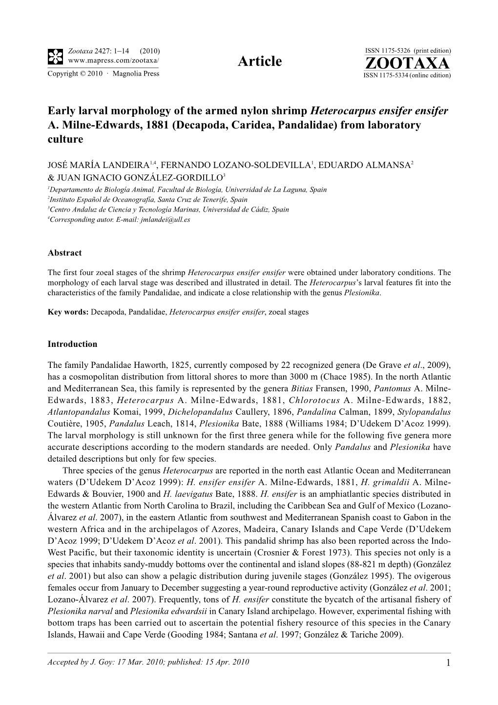 Zootaxa, Early Larval Morphology of the Armed Nylon