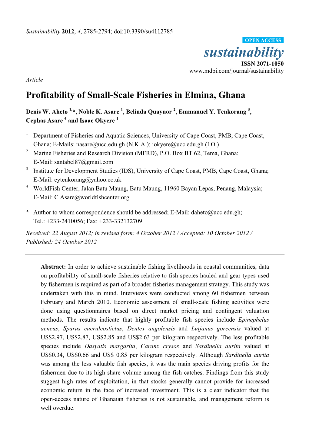 Profitability of Small-Scale Fisheries in Elmina, Ghana