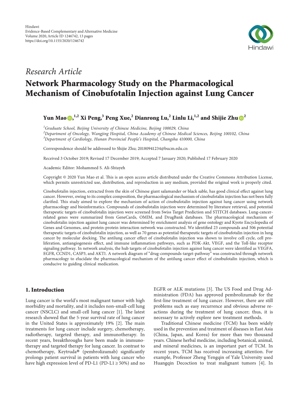 Network Pharmacology Study on the Pharmacological Mechanism of Cinobufotalin Injection Against Lung Cancer