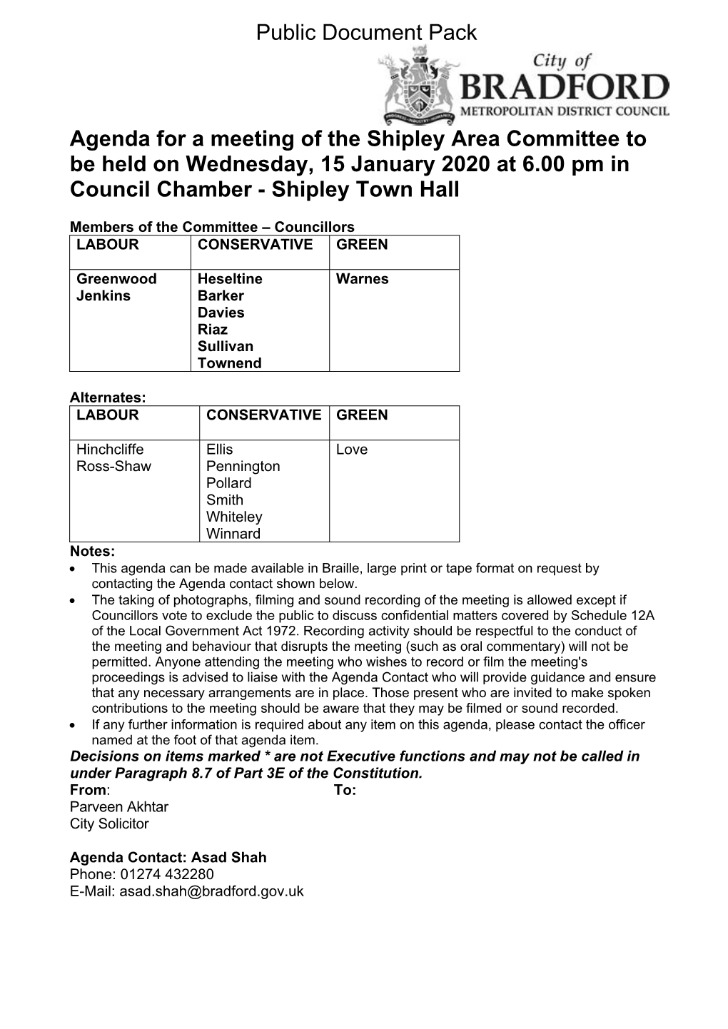 (Public Pack)Agenda Document for Shipley Area Committee, 15/01