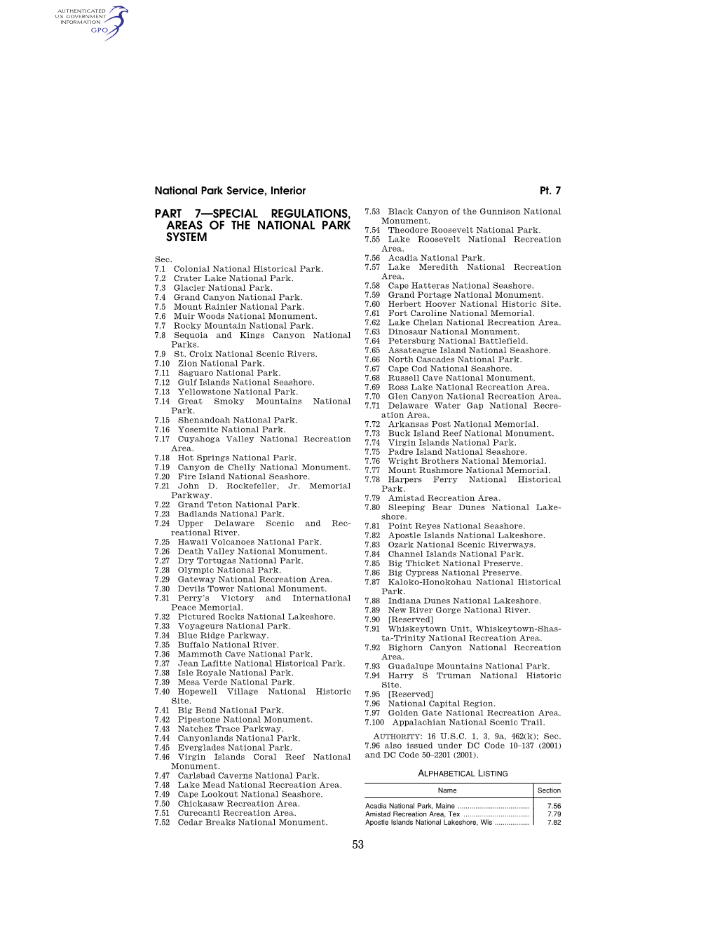 53 Part 7—Special Regulations, Areas of The