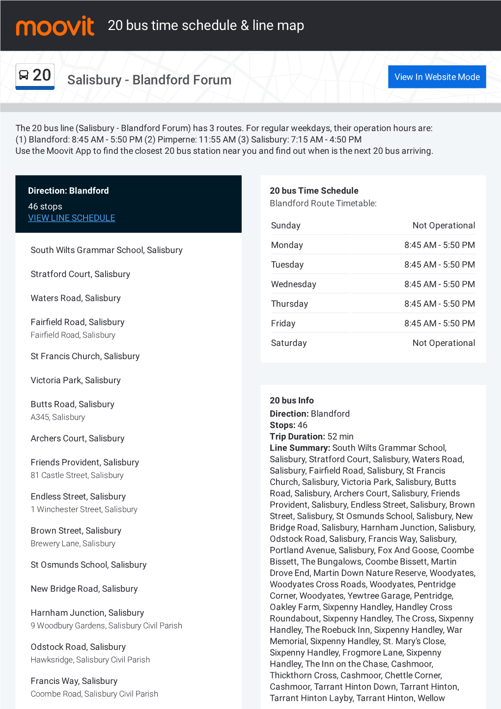 20 Bus Time Schedule & Line Route