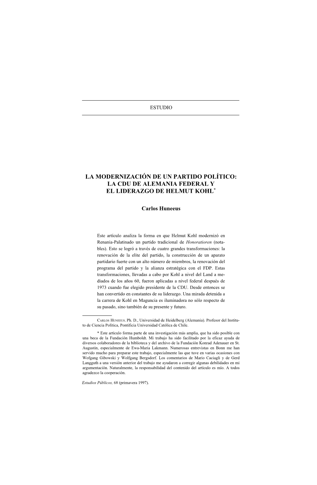 La Cdu De Alemania Federal Y El Liderazgo De Helmut Kohl*