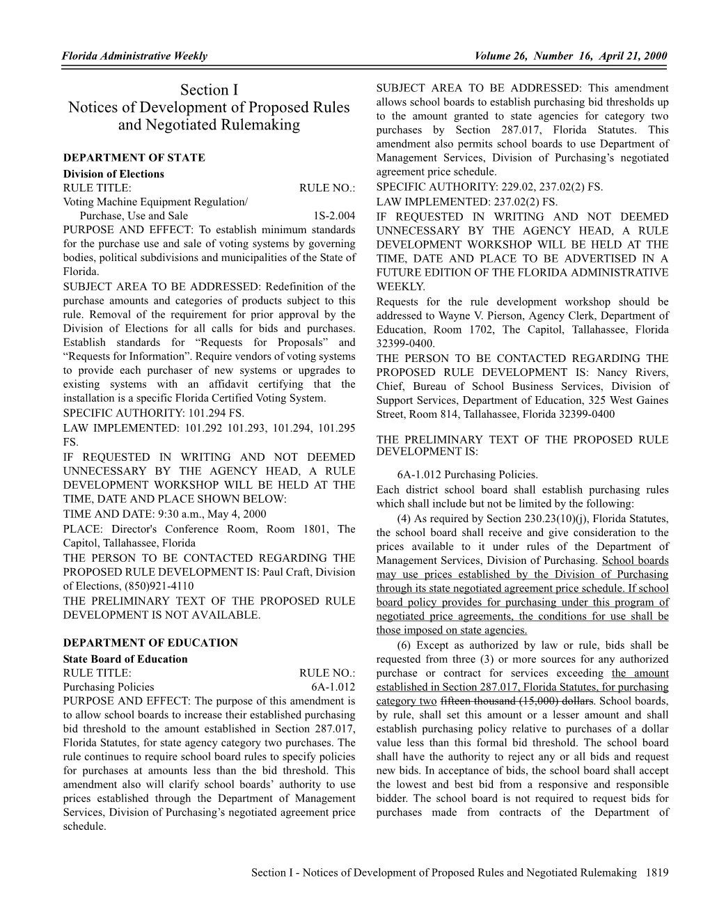 Section I Notices of Development of Proposed Rules and Negotiated