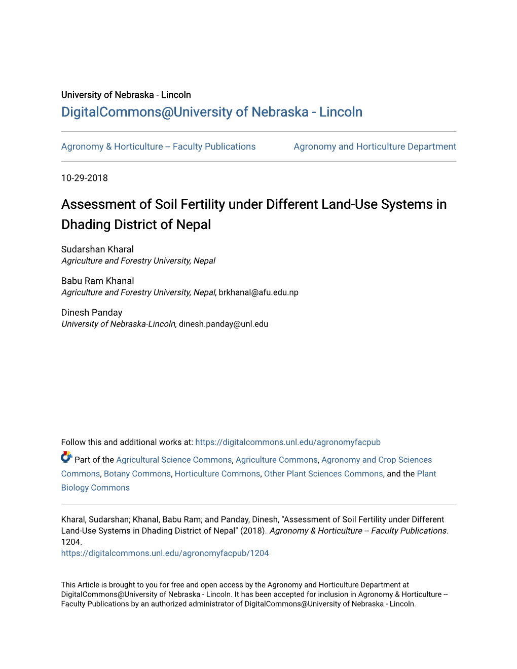 Assessment of Soil Fertility Under Different Land-Use Systems in Dhading District of Nepal