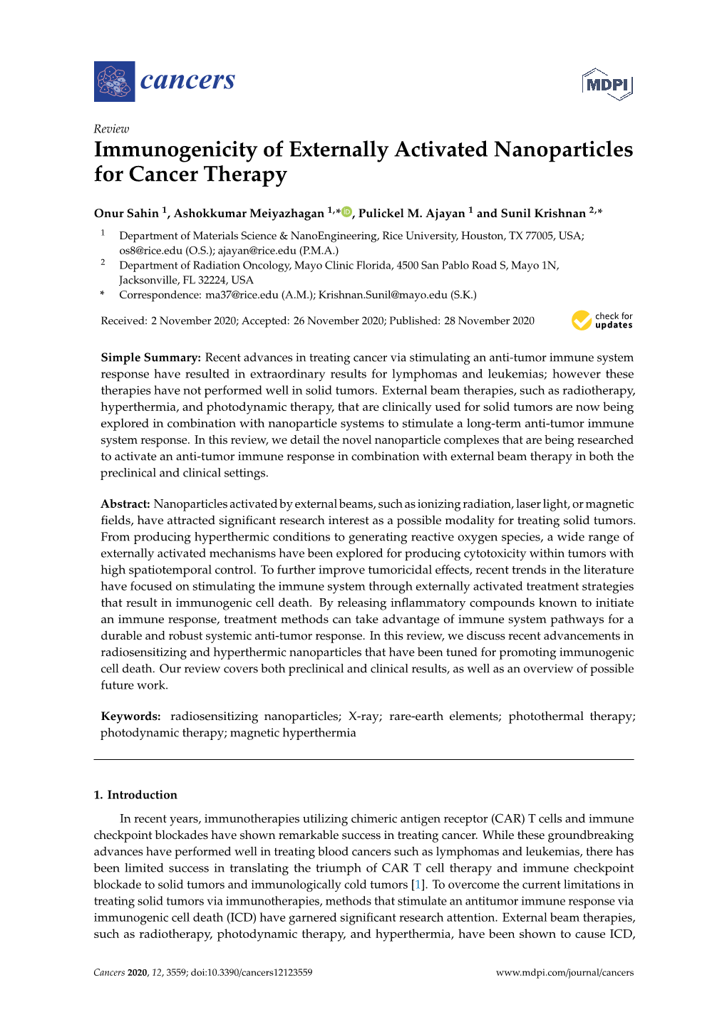 Immunogenicity of Externally Activated Nanoparticles for Cancer Therapy