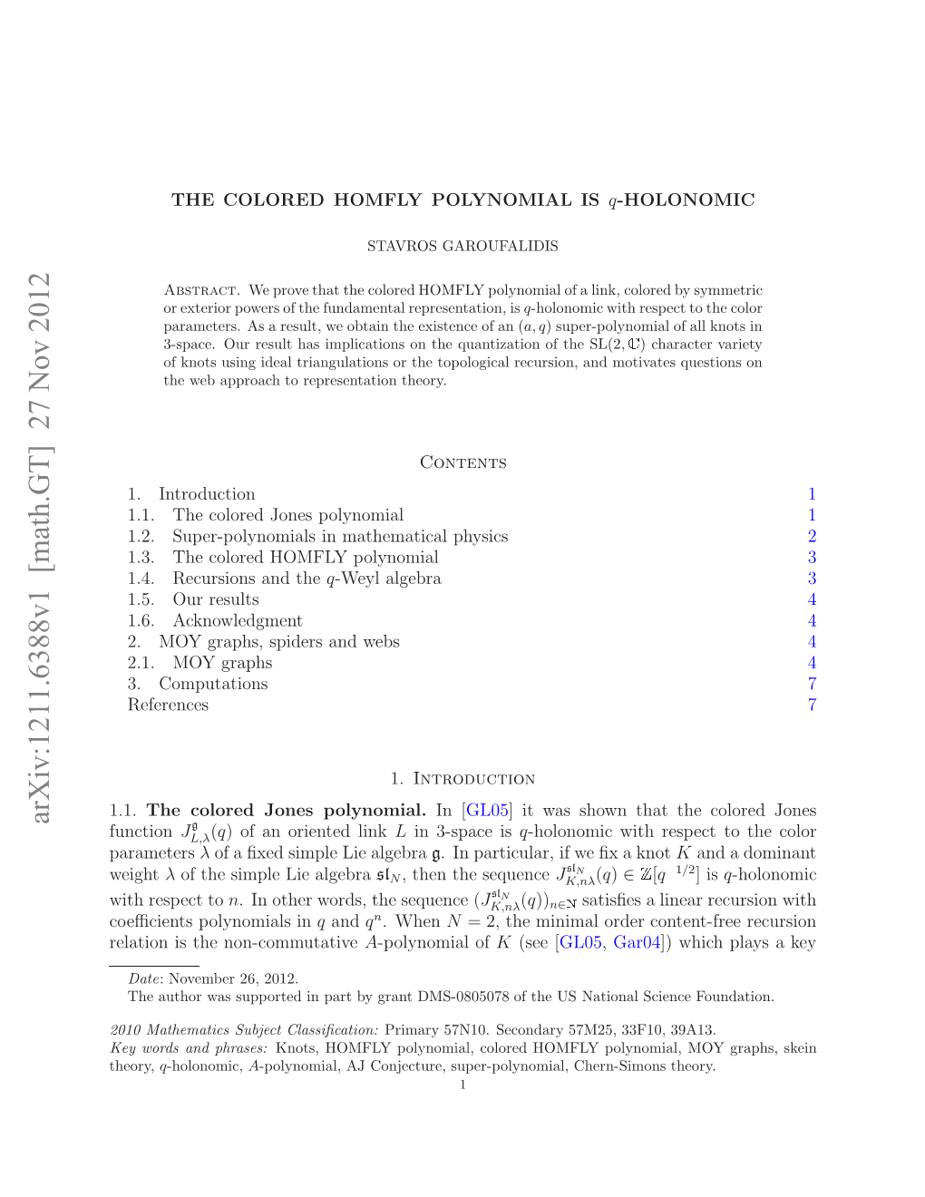 THE COLORED HOMFLY POLYNOMIAL IS Q-HOLONOMIC 3