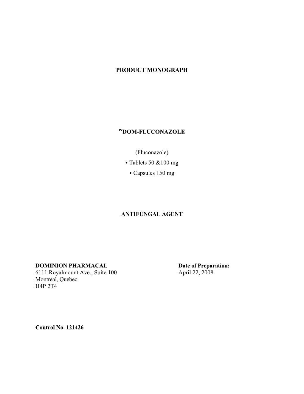 PRODUCT MONOGRAPH Prdom-FLUCONAZOLE (Fluconazole) C