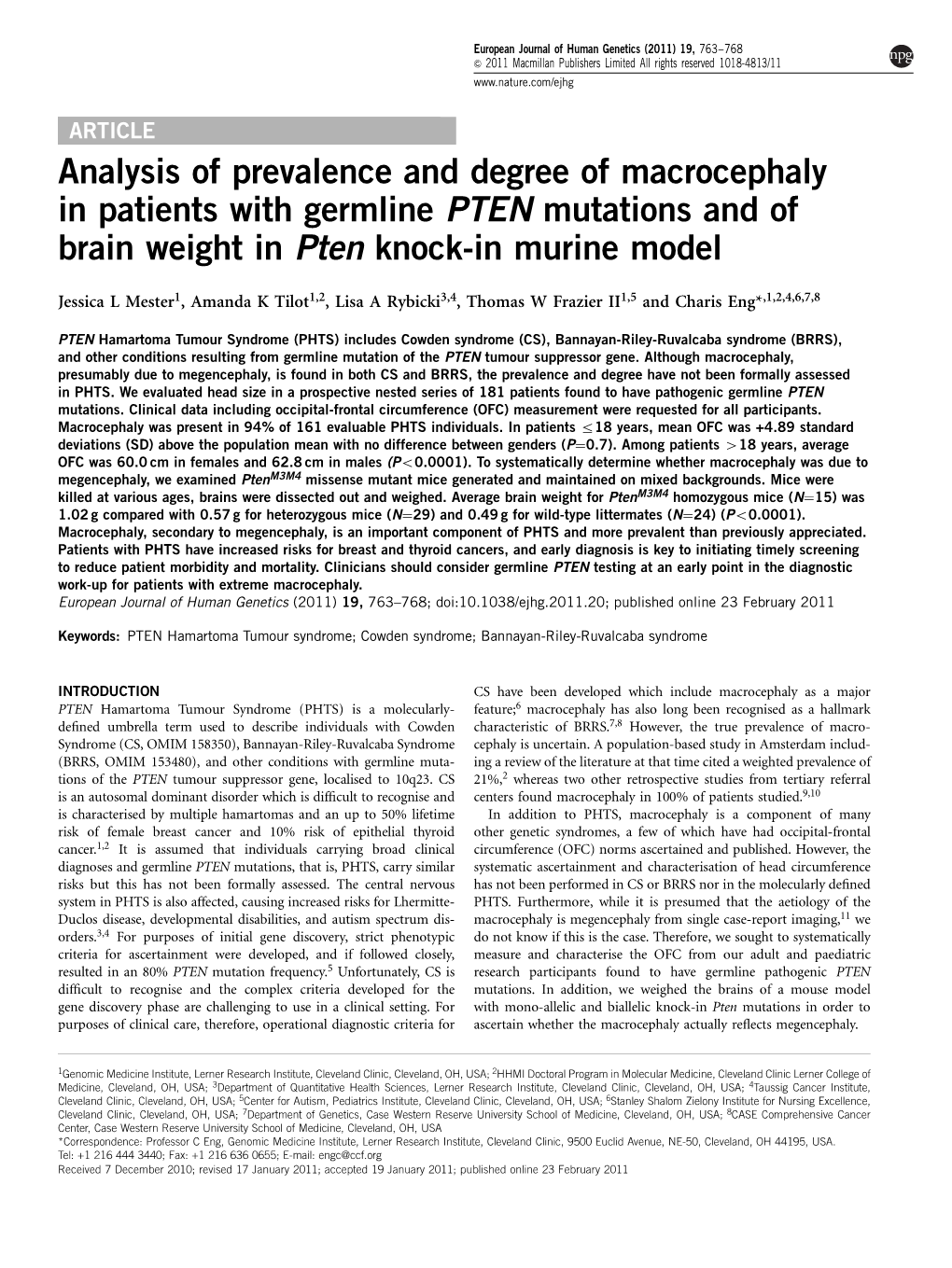 Analysis of Prevalence and Degree of Macrocephaly in Patients with Germline PTEN Mutations and of Brain Weight in Pten Knock-In Murine Model