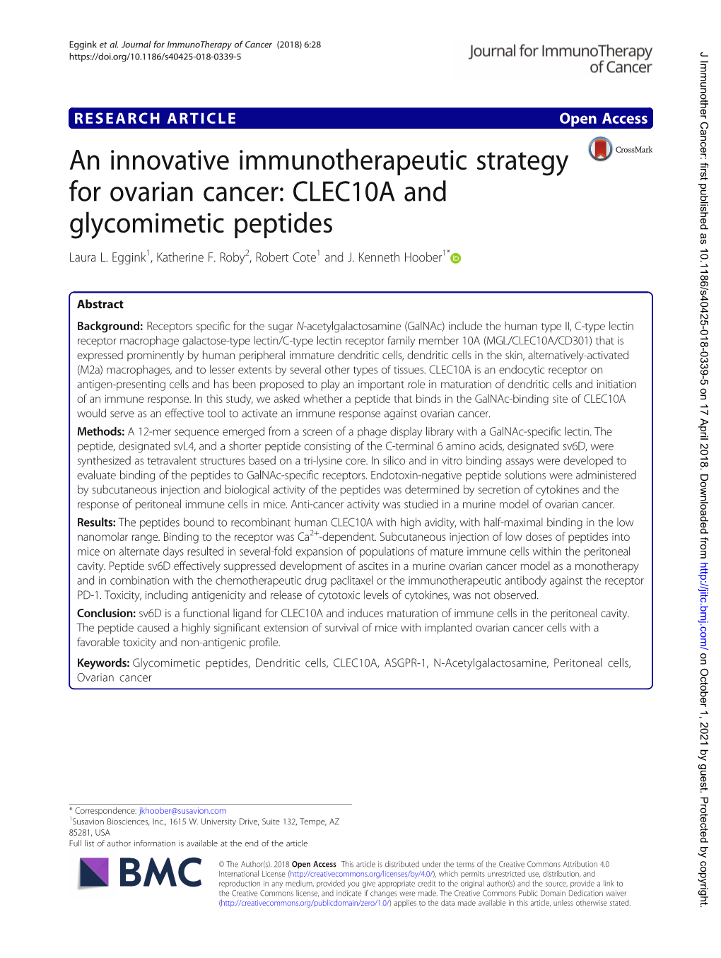 An Innovative Immunotherapeutic Strategy for Ovarian Cancer: CLEC10A and Glycomimetic Peptides Laura L