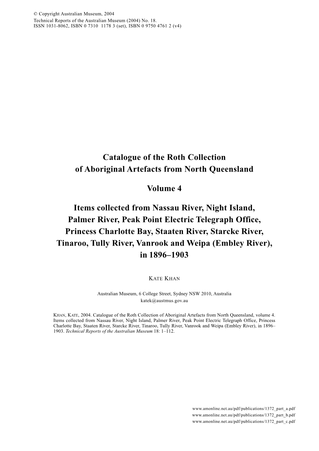 Catalogue of the Roth Collection of Aboriginal Artefacts from North Queensland