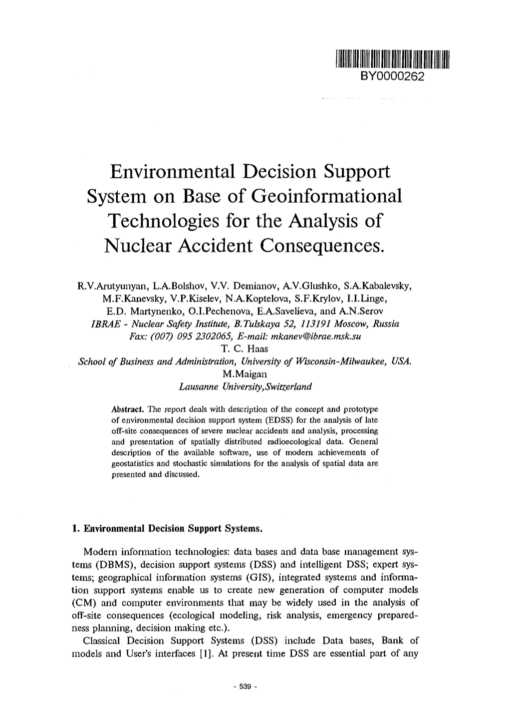 Environmental Decision Support System on Base of Geoinformational Technologies for the Analysis of Nuclear Accident Consequences