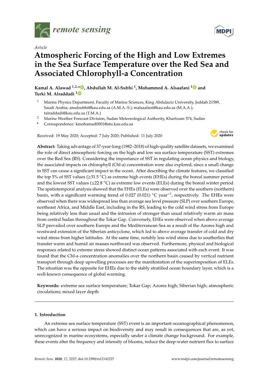 Atmospheric Forcing of the High and Low Extremes in the Sea Surface Temperature Over the Red Sea and Associated Chlorophyll-A Concentration
