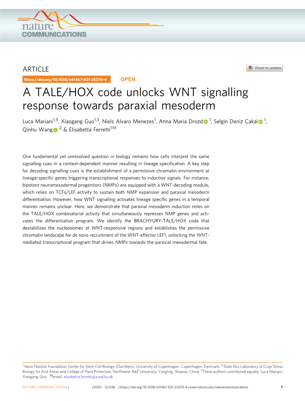A TALE/HOX Code Unlocks WNT Signalling Response Towards Paraxial Mesoderm